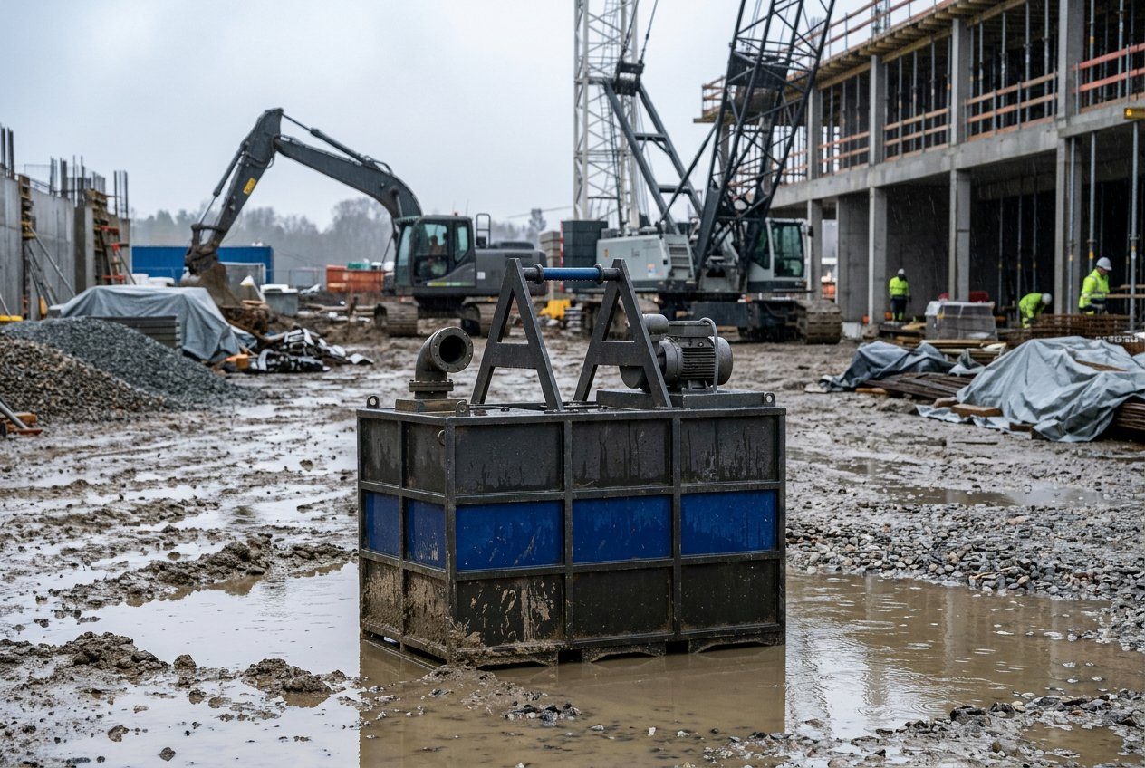 MWE WetBag self-contained site dewatering unit with diesel pump on a wet construction site